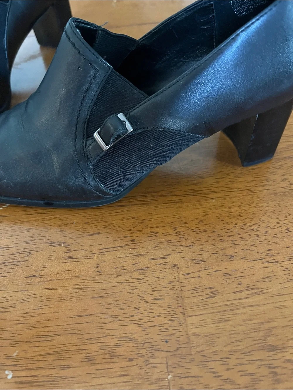 Liz Baker Black Leather Slip-On Ankle Booties with Block Heel
